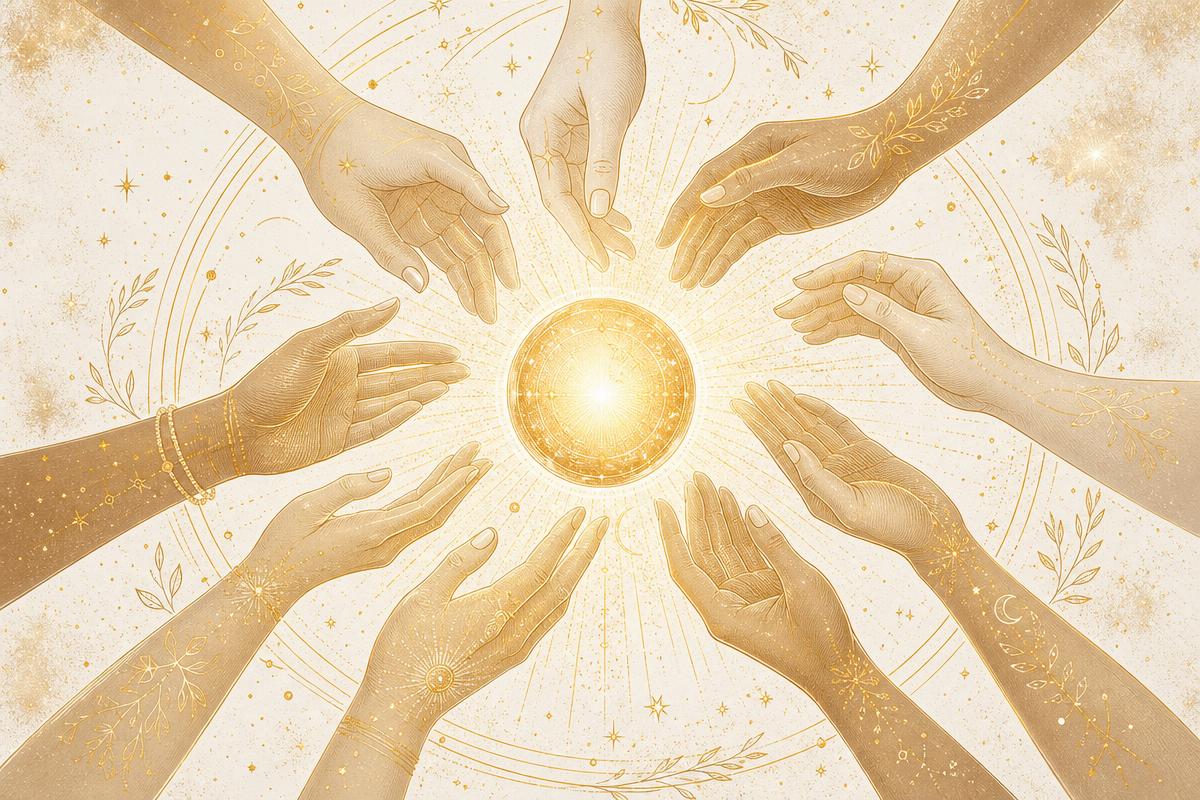 Mains disposées en cercle autour d’une lumière dorée, symbole d’un cercle spirituel collectif
